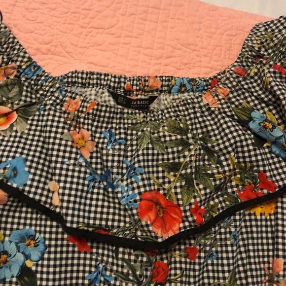 Zara Checkered & Floral Off The Shoulder Dress - Picture 6 of 9